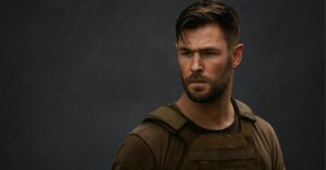 Close-up of a serious man in tactical gear against a dark background, movie-style portrait.
