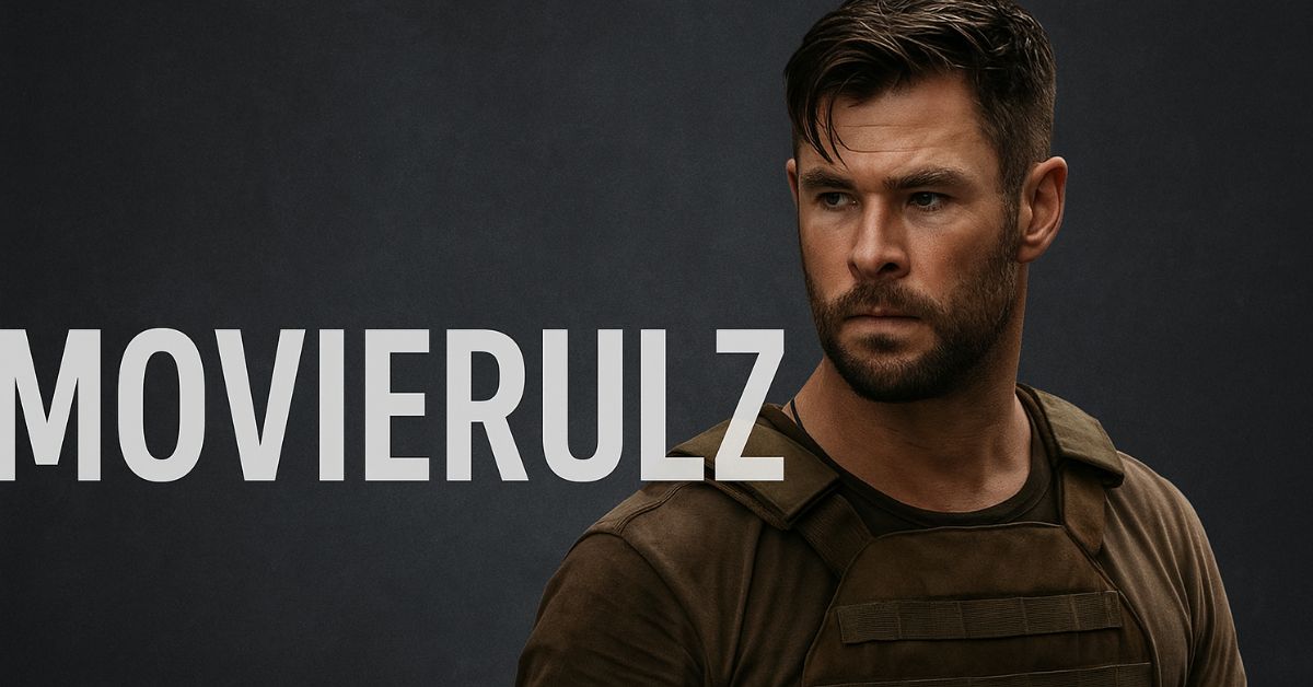 Promotional image for Movierulz featuring a dramatic movie scene with bold title text