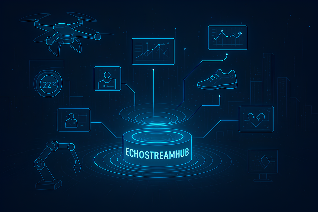 Illustration of Echostreamhub powering hyper-integrated IoT, AI, edge computing, and smart automation in 2025 ecosystems